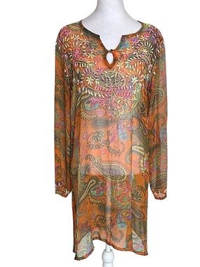 Raj Women’s Silk Parsley Embroidered Tunic Top Long Sleeves Side Slits Size L